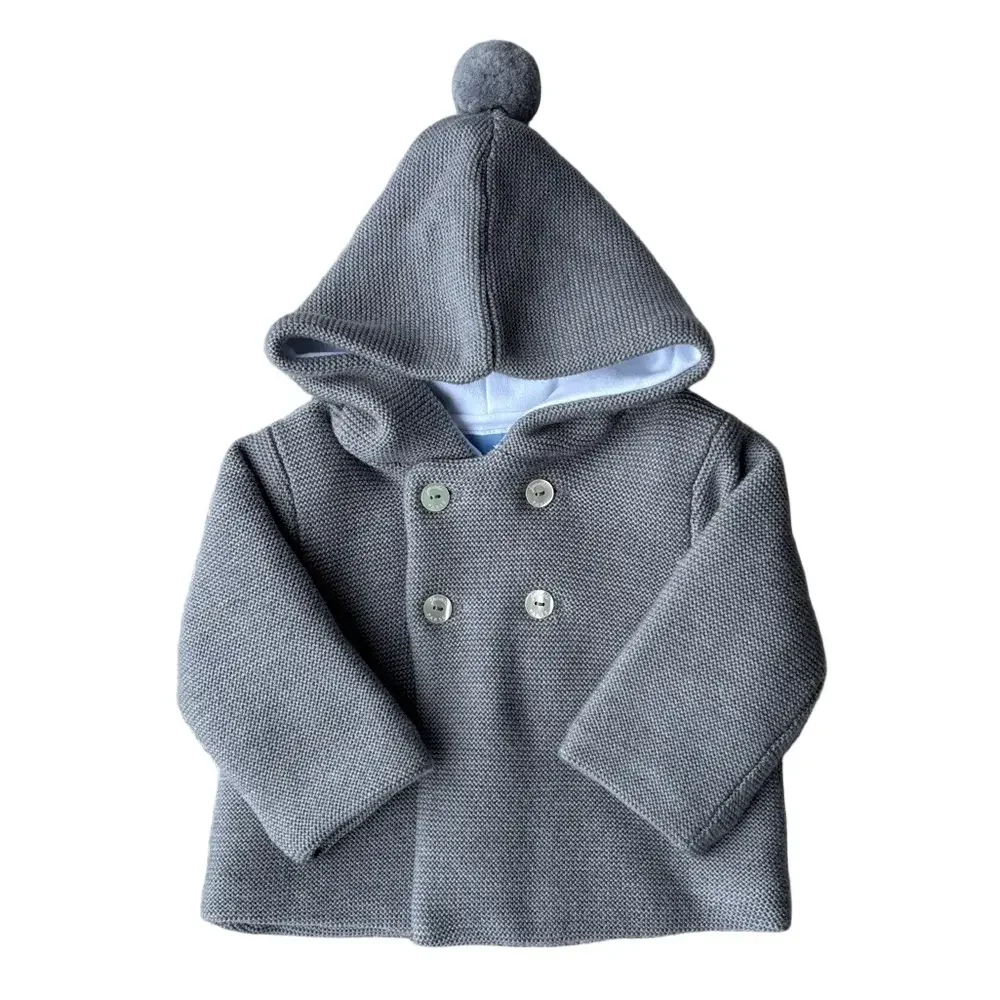 Jacadi Paris NWT Heather Gray Baby Knitted Burnous Jacket Pom Pom Hood 6 months